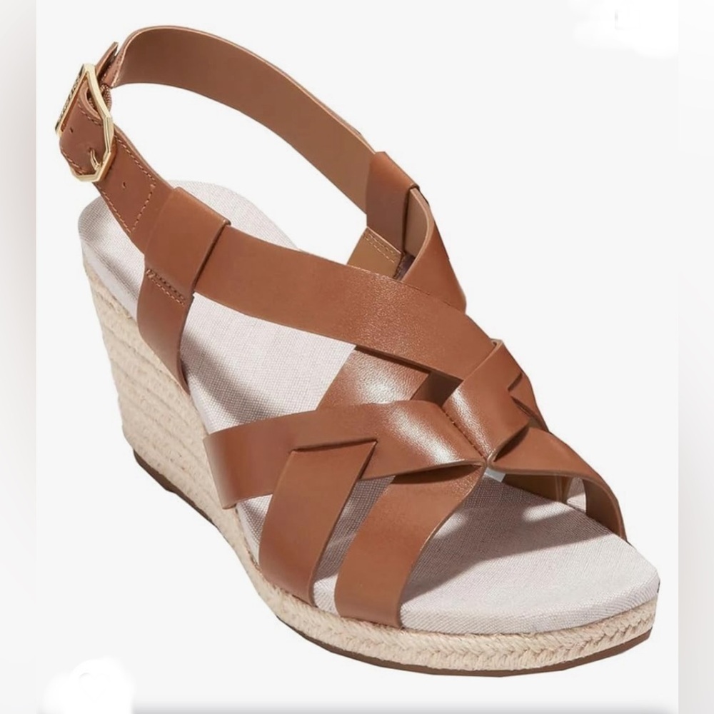 COLE HAAN $150 Women’s Crystal Brown Espadrille Wedge Sandals Size 9 New